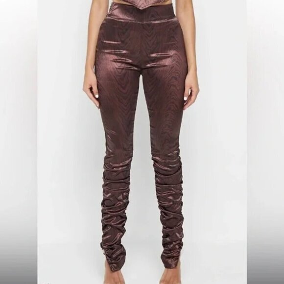 Maniere De Voir High Waisted Ruched Brown Satin Leopard Pants  Women's US 10 - Picture 1 of 13